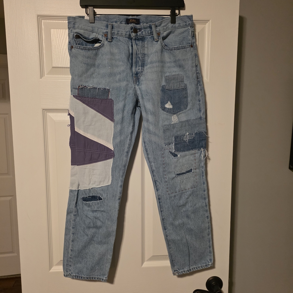 Stylish Light Blue Distressed Jeans with Purple Accents